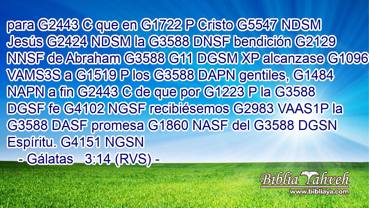 para G2443 C que en G1722 P Cristo G5547 NDSM Jesús G2424 NDSM la G3588 DNSF bendición G2129 NNSF de Abraham G3588 G11 DGSM XP alcanzase G1096 VAMS3S a G1519 P los G3588 DAPN gentiles, G1484 NAPN a fin G2443 C de que por G1223 P la G3588 DGSF fe G4102 NGSF recibiésemos G2983 VAAS1P la G3588 DASF promesa G1860 NASF del G3588 DGSN Espíritu. G4151 NGSN 