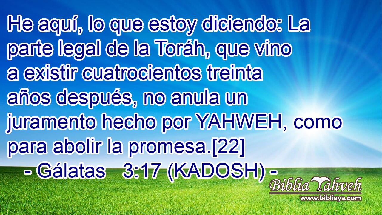  He aquí, lo que estoy diciendo: La parte legal de la Toráh, que vino a existir cuatrocientos treinta años después, no anula un juramento hecho por YAHWEH, como para abolir la promesa.[22] 