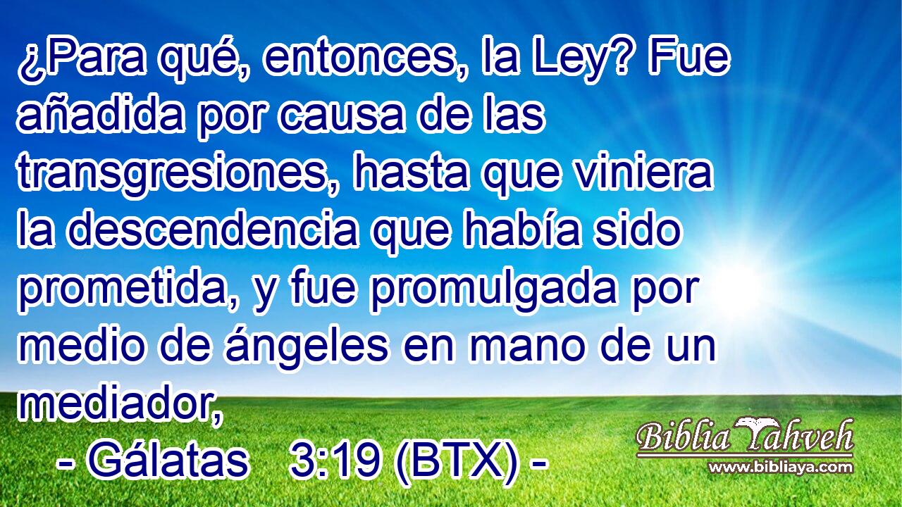 ¿Para qué, entonces, la Ley? Fue añadida por causa de las transgresiones, hasta que viniera la descendencia que había sido prometida, y fue promulgada por medio de ángeles en mano de un mediador,