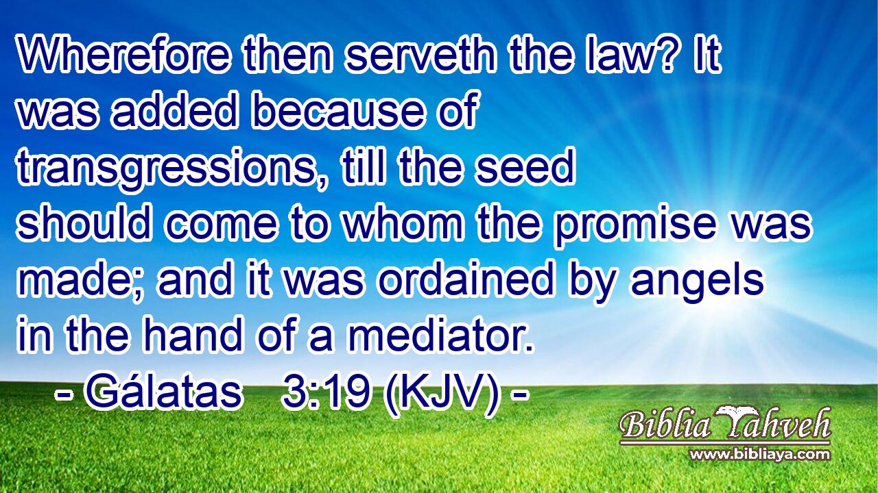 Wherefore then serveth the law? It was added because of transgressions, till the seed should come to whom the promise was made; and it was ordained by angels in the hand of a mediator.