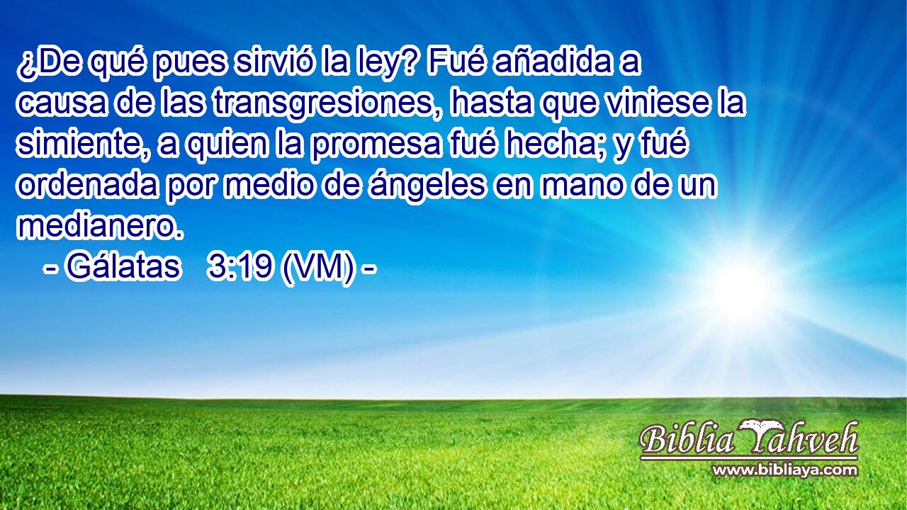  ¿De qué pues sirvió la ley? Fué añadida a causa de las transgresiones, hasta que viniese la simiente, a quien la promesa fué hecha; y fué ordenada por medio de ángeles en mano de un medianero. 
