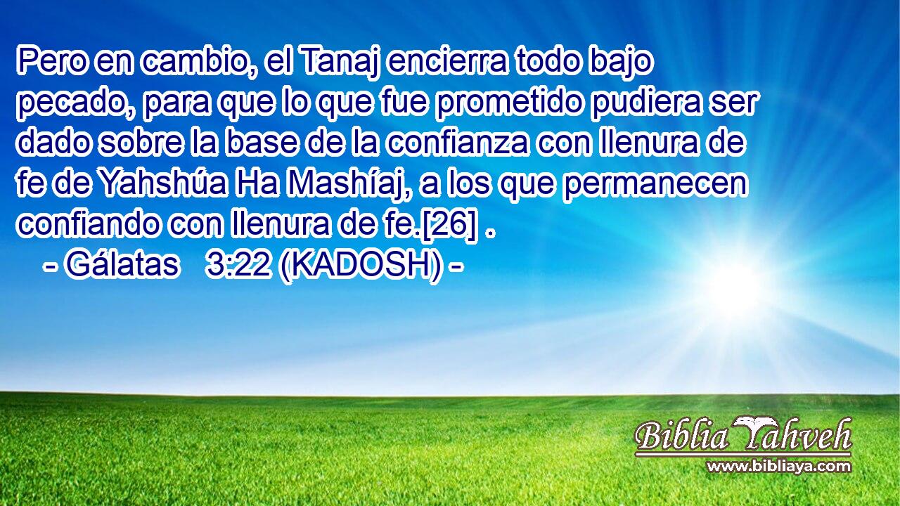  Pero en cambio, el Tanaj encierra todo bajo pecado, para que lo que fue prometido pudiera ser dado sobre la base de la confianza con llenura de fe de Yahshúa Ha Mashíaj, a los que permanecen confiando con llenura de fe.[26] . 