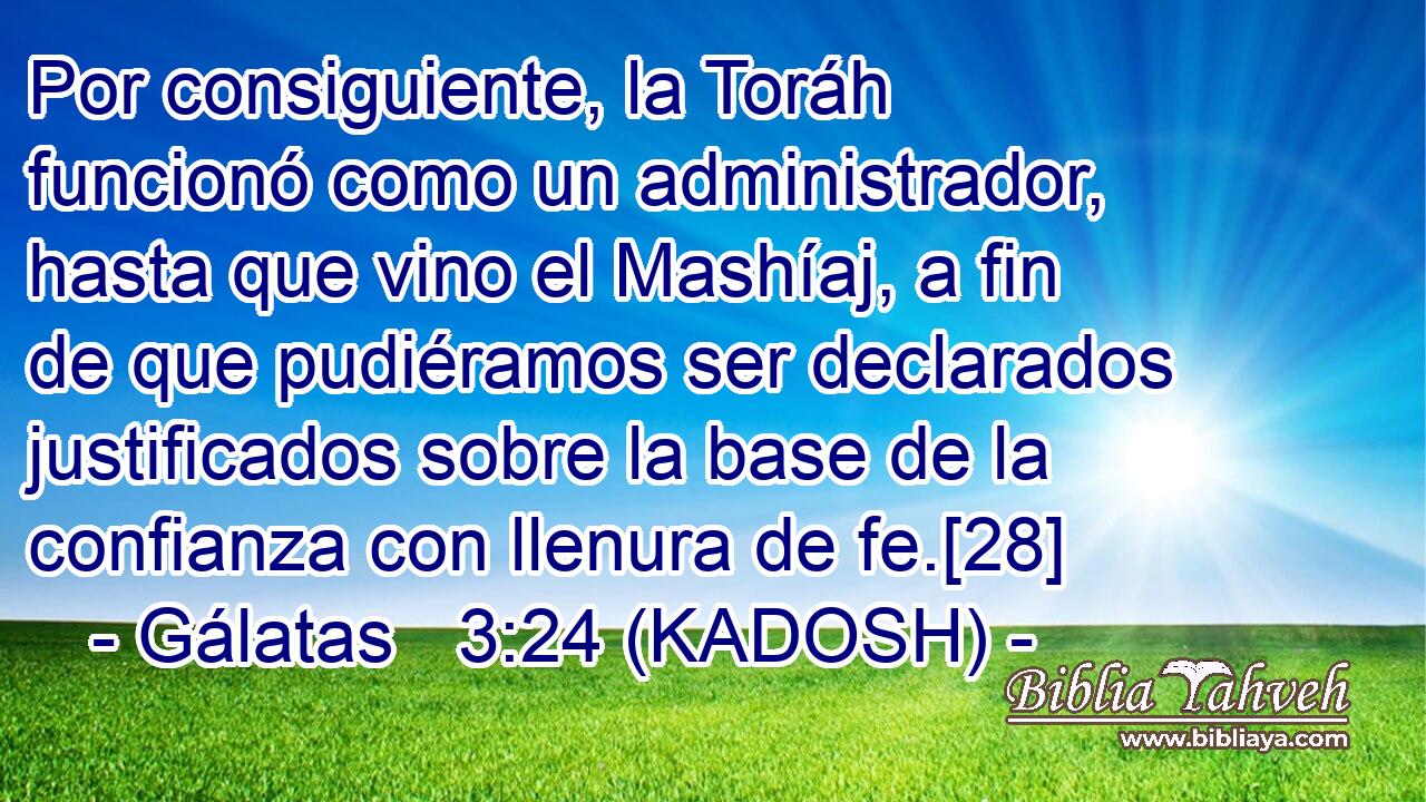  Por consiguiente, la Toráh funcionó como un administrador, hasta que vino el Mashíaj, a fin de que pudiéramos ser declarados justificados sobre la base de la confianza con llenura de fe.[28] 