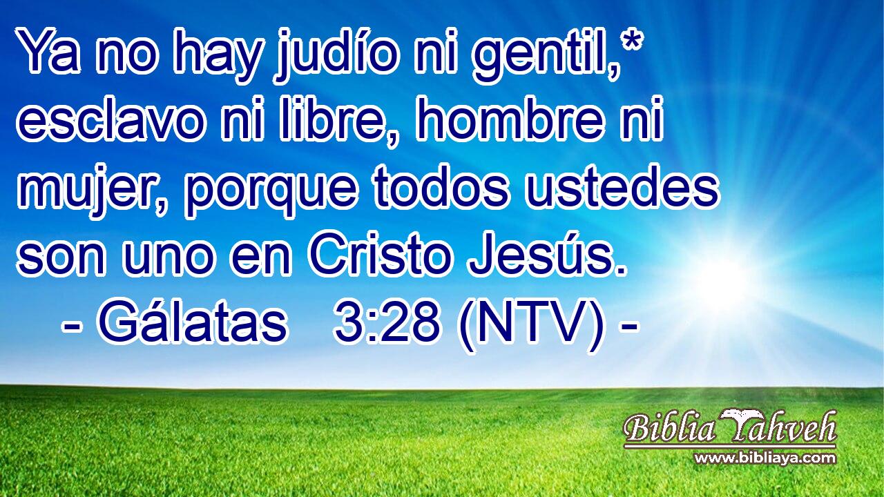 Ya no hay judío ni gentil,* esclavo ni libre, hombre ni mujer, porque todos ustedes son uno en Cristo Jesús.