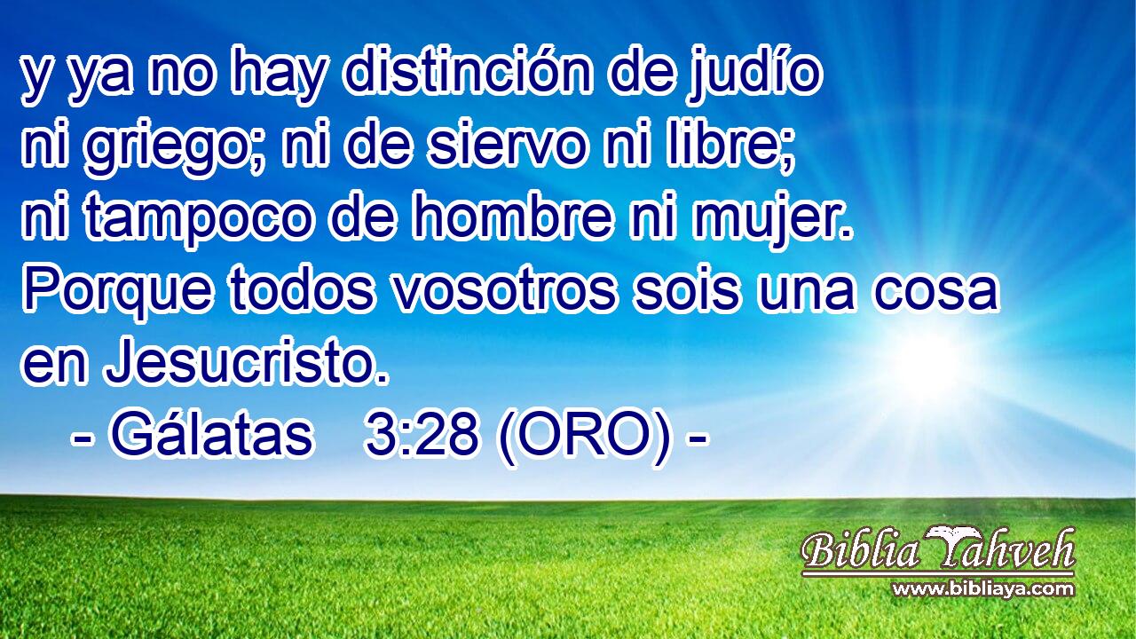  y ya no hay distinción de judío ni griego; ni de siervo ni libre; ni tampoco de hombre ni mujer. Porque todos vosotros sois una cosa en Jesucristo. 