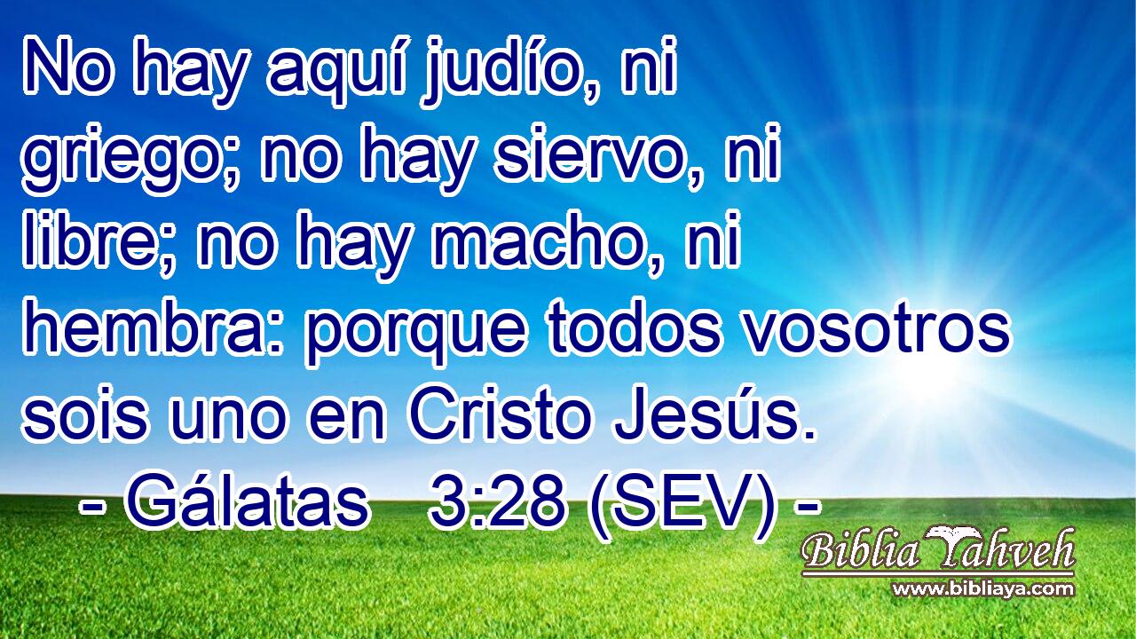 No hay aquí judío, ni griego; no hay siervo, ni libre; no hay macho, ni hembra: porque todos vosotros sois uno en Cristo Jesús.