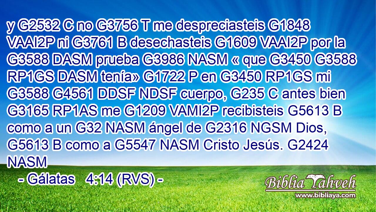 y G2532 C no G3756 T me despreciasteis G1848 VAAI2P ni G3761 B desechasteis G1609 VAAI2P por la G3588 DASM prueba G3986 NASM « que G3450 G3588 RP1GS DASM tenía» G1722 P en G3450 RP1GS mi G3588 G4561 DDSF NDSF cuerpo, G235 C antes bien G3165 RP1AS me G1209 VAMI2P recibisteis G5613 B como a un G32 NASM ángel de G2316 NGSM Dios, G5613 B como a G5547 NASM Cristo Jesús. G2424 NASM 