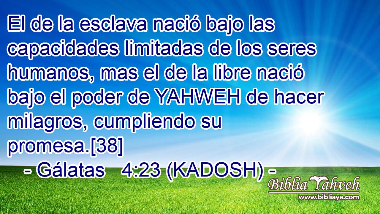 El de la esclava nació bajo las capacidades limitadas de los seres humanos, mas el de la libre nació bajo el poder de YAHWEH de hacer milagros, cumpliendo su promesa.[38] 
