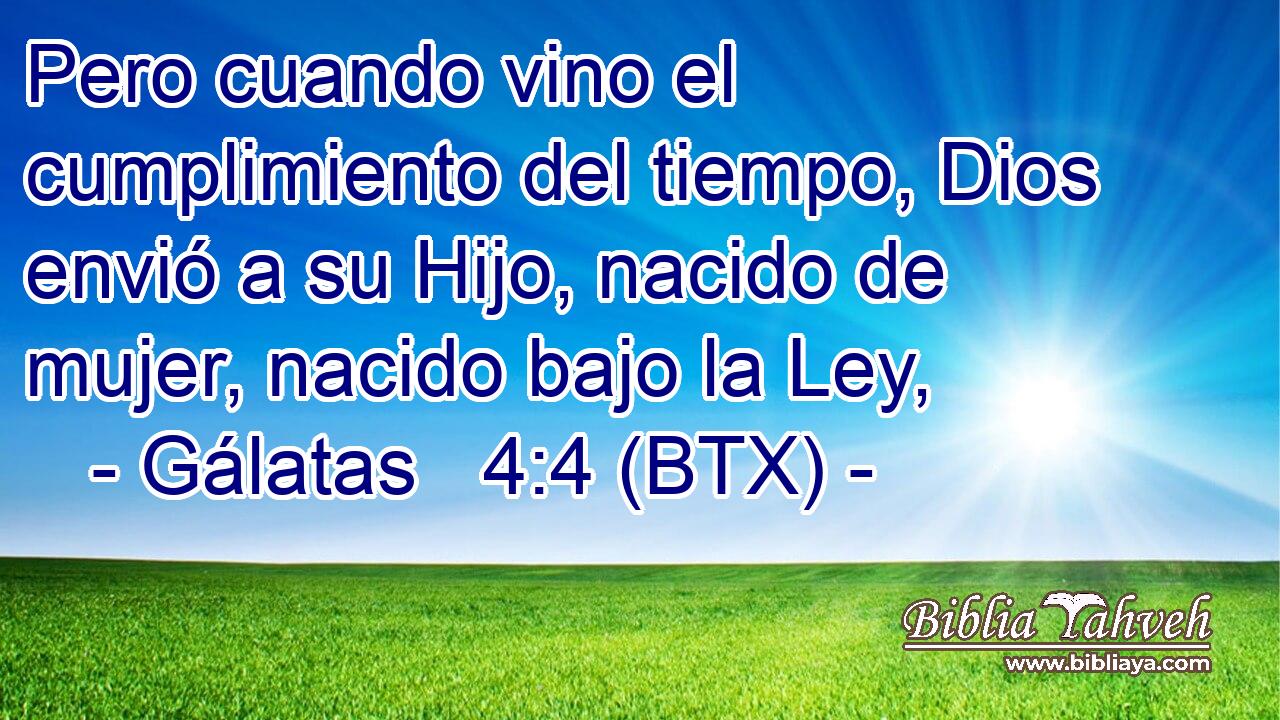 Pero cuando vino el cumplimiento del tiempo, Dios envió a su Hijo, nacido de mujer, nacido bajo la Ley,