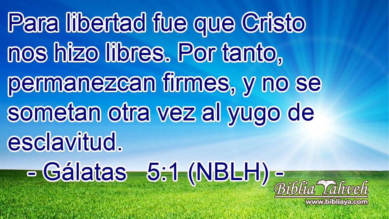  Para libertad fue que Cristo nos hizo libres. Por tanto, permanezcan firmes, y no se sometan otra vez al yugo de esclavitud. 