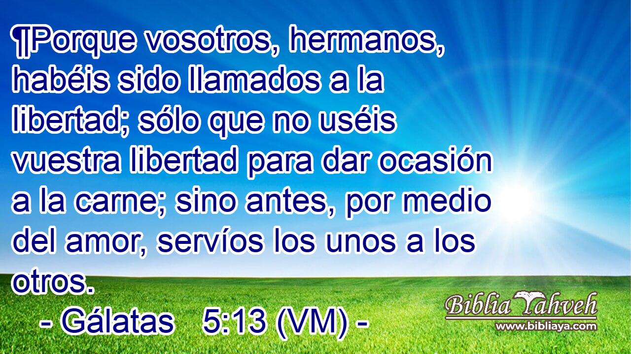 ¶Porque vosotros, hermanos, habéis sido llamados a la libertad; sólo que no uséis vuestra libertad para dar ocasión a la carne; sino antes, por medio del amor, servíos los unos a los otros. 