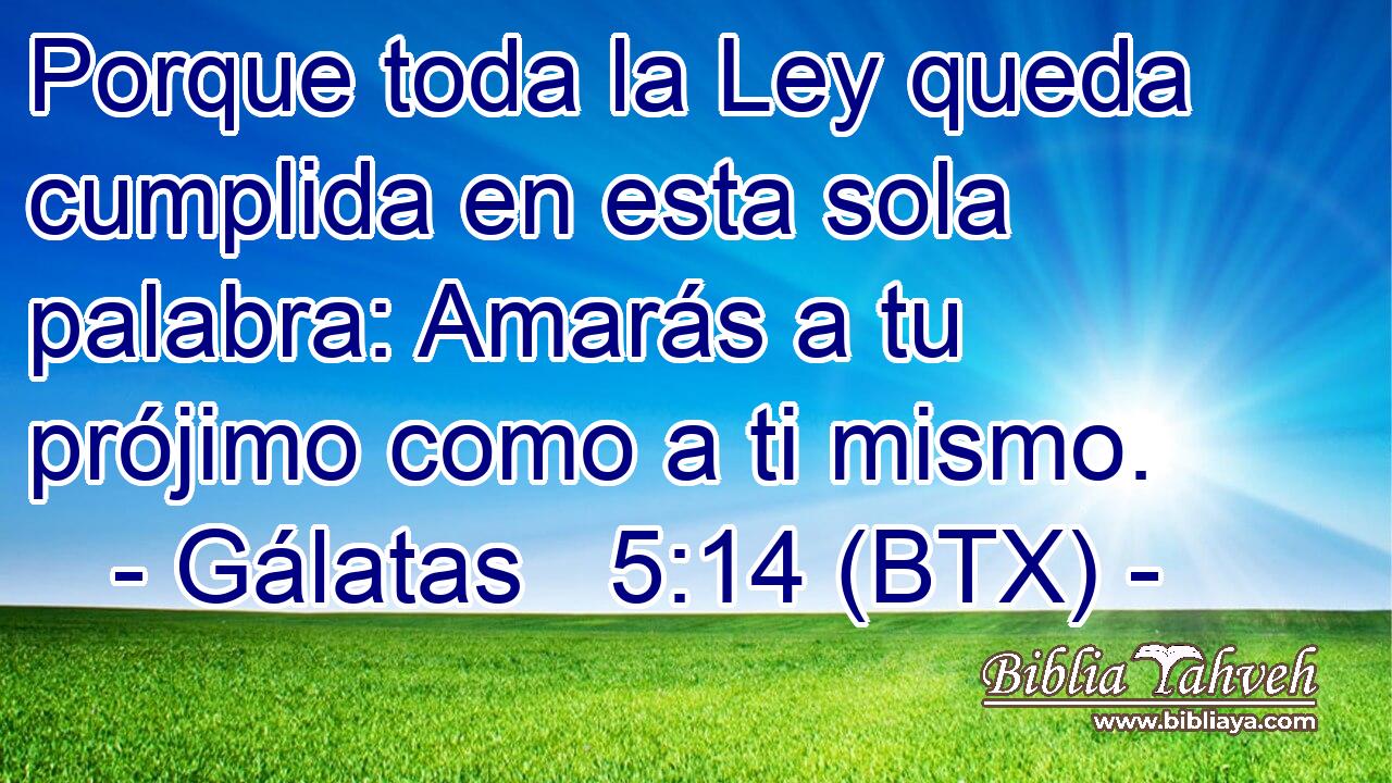 Porque toda la Ley queda cumplida en esta sola palabra: Amarás a tu prójimo como a ti mismo.