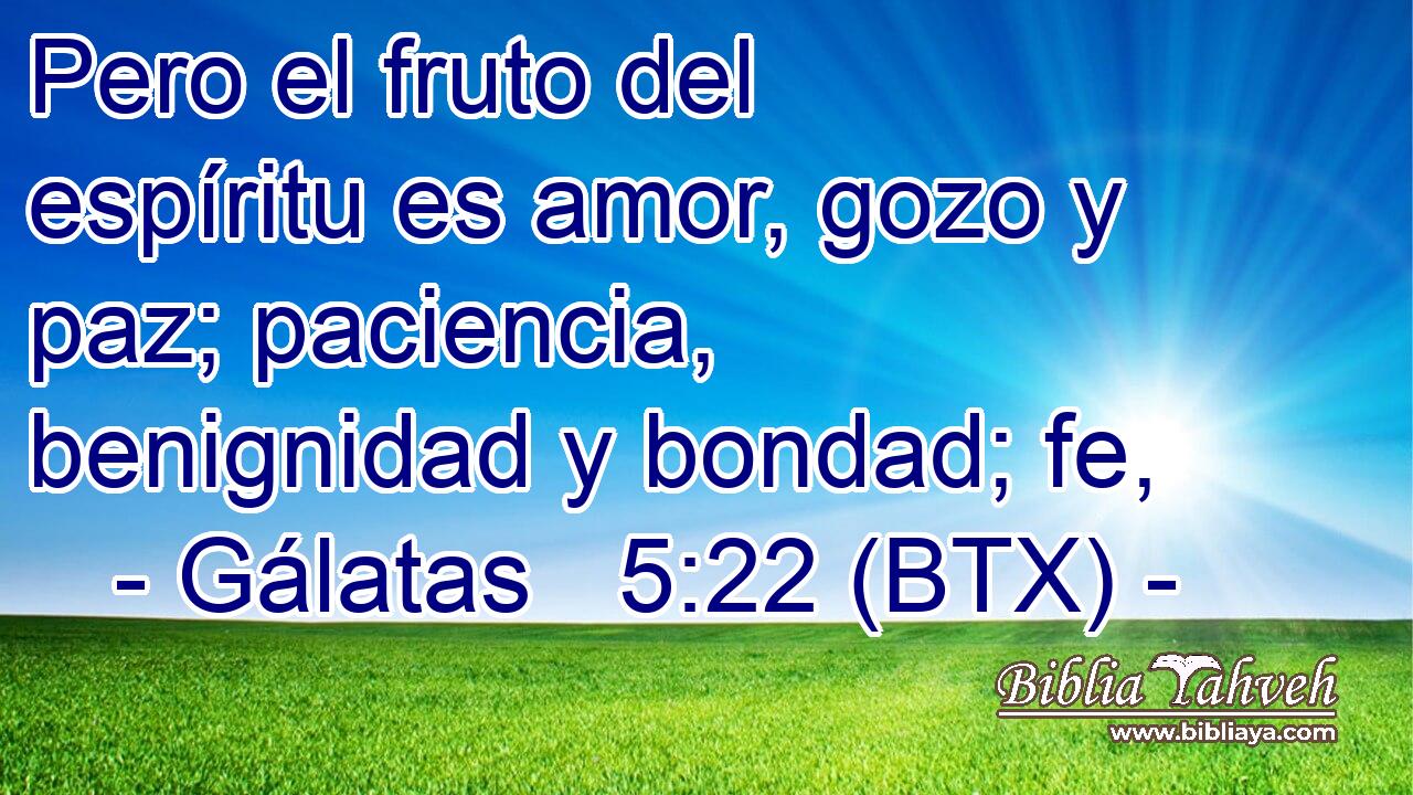 Pero el fruto del espíritu es amor, gozo y paz; paciencia, benignidad y bondad; fe,
