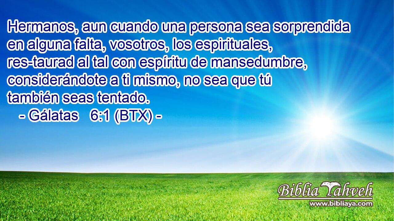 Hermanos, aun cuando una persona sea sorprendida en alguna falta, vosotros, los espirituales, res-taurad al tal con espíritu de mansedumbre, considerándote a ti mismo, no sea que tú también seas tentado.
