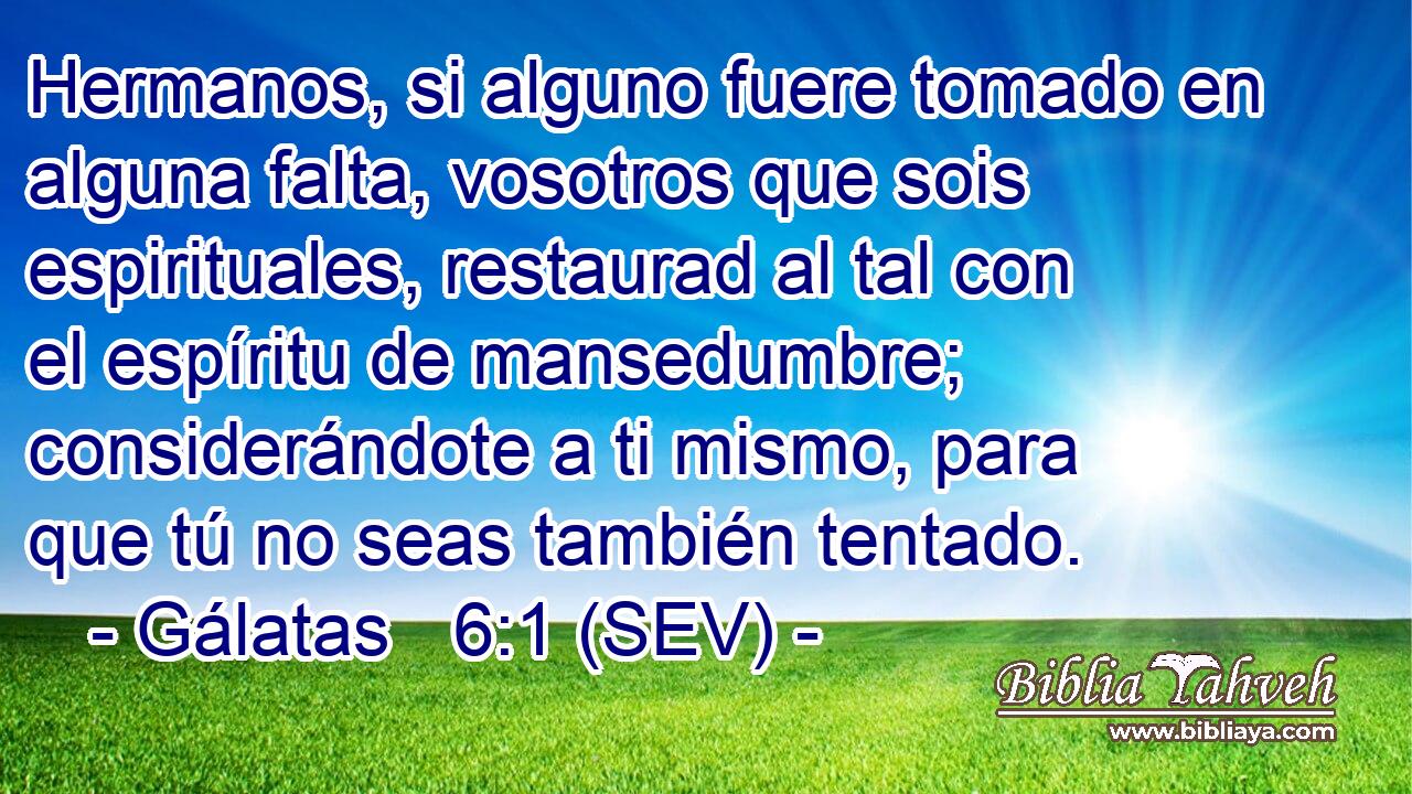 Hermanos, si alguno fuere tomado en alguna falta, vosotros que sois espirituales, restaurad al tal con el espíritu de mansedumbre; considerándote a ti mismo, para que tú no seas también tentado.
