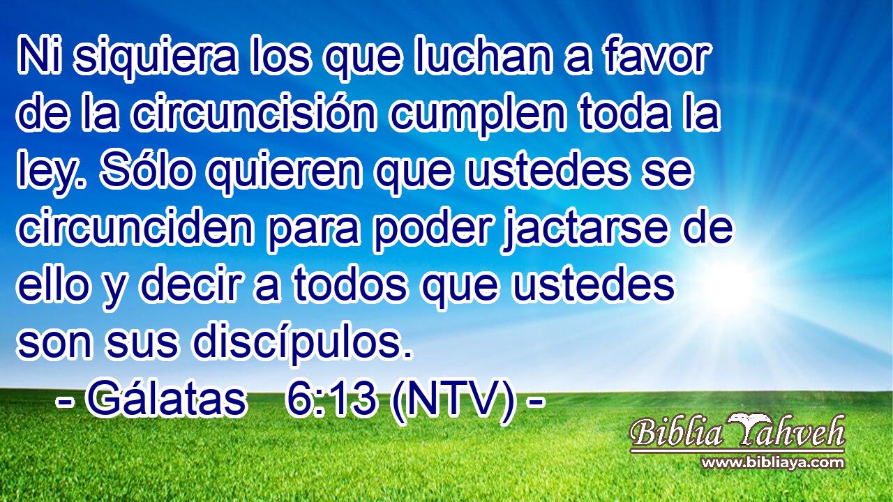 Ni siquiera los que luchan a favor de la circuncisión cumplen toda la ley. Sólo quieren que ustedes se circunciden para poder jactarse de ello y decir a todos que ustedes son sus discípulos.