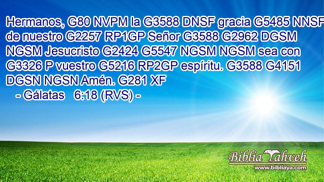 Hermanos, G80 NVPM la G3588 DNSF gracia G5485 NNSF de nuestro G2257 RP1GP Señor G3588 G2962 DGSM NGSM Jesucristo G2424 G5547 NGSM NGSM sea con G3326 P vuestro G5216 RP2GP espíritu. G3588 G4151 DGSN NGSN Amén. G281 XF 