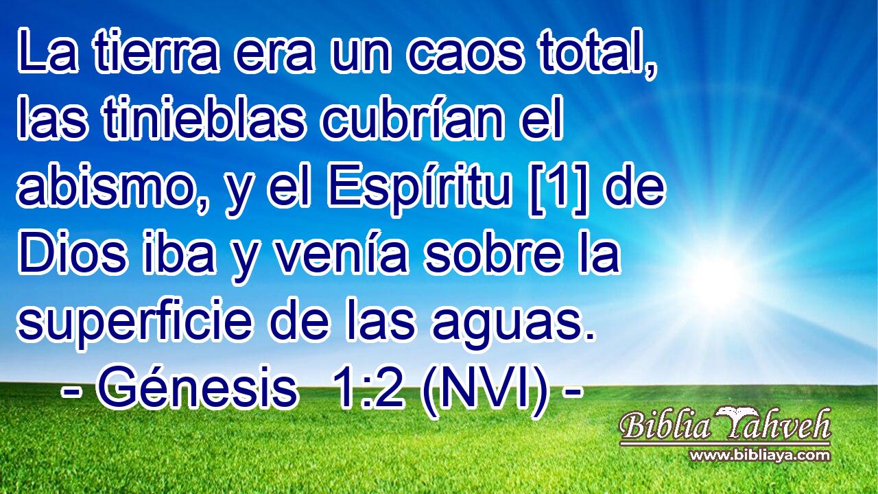  La tierra era un caos total, las tinieblas cubrían el abismo, y el Espíritu [1] de Dios iba y venía sobre la superficie de las aguas. 
