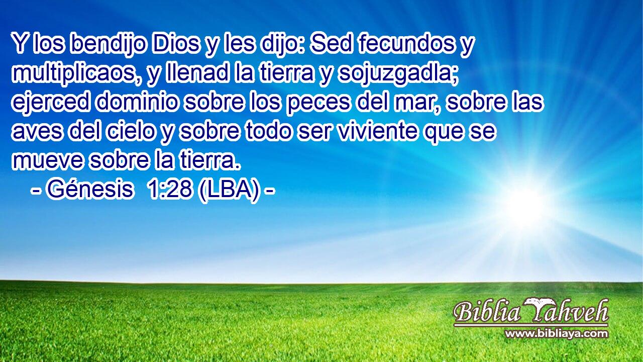 Y los bendijo Dios y les dijo: Sed fecundos y multiplicaos, y llenad la tierra y sojuzgadla; ejerced dominio sobre los peces del mar, sobre las aves del cielo y sobre todo ser viviente que se mueve sobre la tierra.