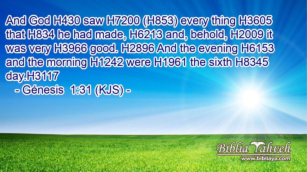 And God H430 saw H7200 (H853) every thing H3605 that H834 he had made, H6213 and, behold, H2009 it was very H3966 good. H2896 And the evening H6153 and the morning H1242 were H1961 the sixth H8345 day.H3117