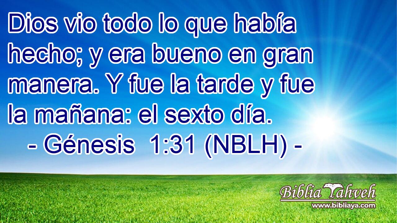  Dios vio todo lo que había hecho; y era bueno en gran manera. Y fue la tarde y fue la mañana: el sexto día. 