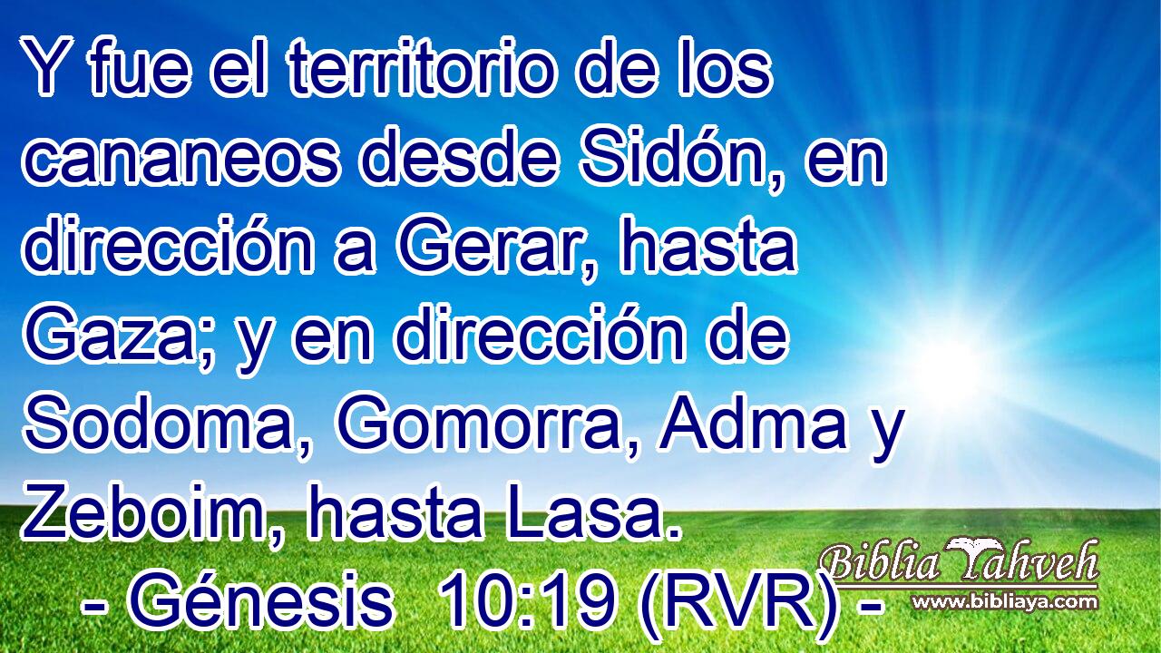 Y fue el territorio de los cananeos desde Sidón, en dirección a Gerar, hasta Gaza; y en dirección de Sodoma, Gomorra, Adma y Zeboim, hasta Lasa.