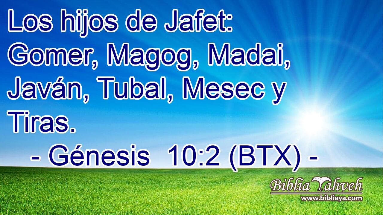Los hijos de Jafet: Gomer, Magog, Madai, Javán, Tubal, Mesec y Tiras.