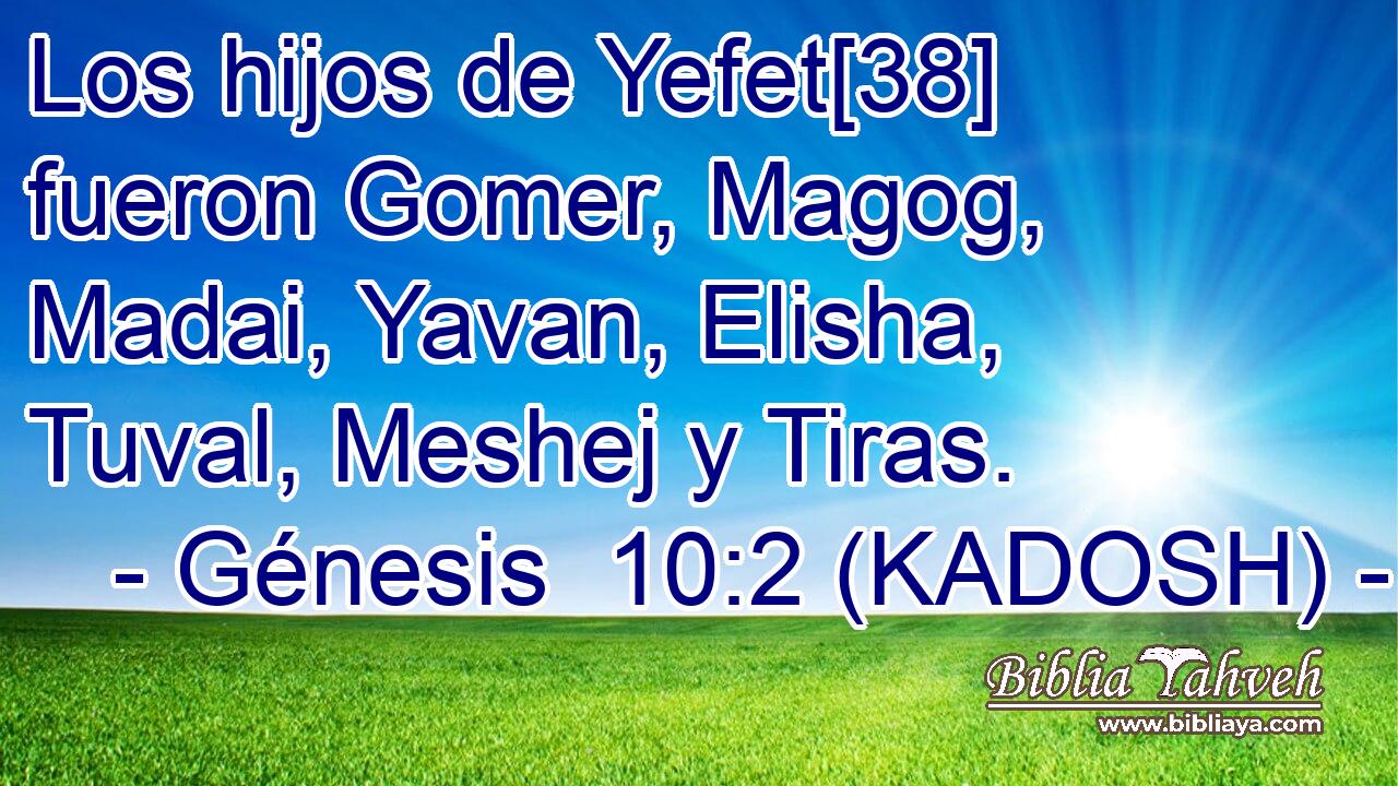  Los hijos de Yefet[38] fueron Gomer, Magog, Madai, Yavan, Elisha, Tuval, Meshej y Tiras. 