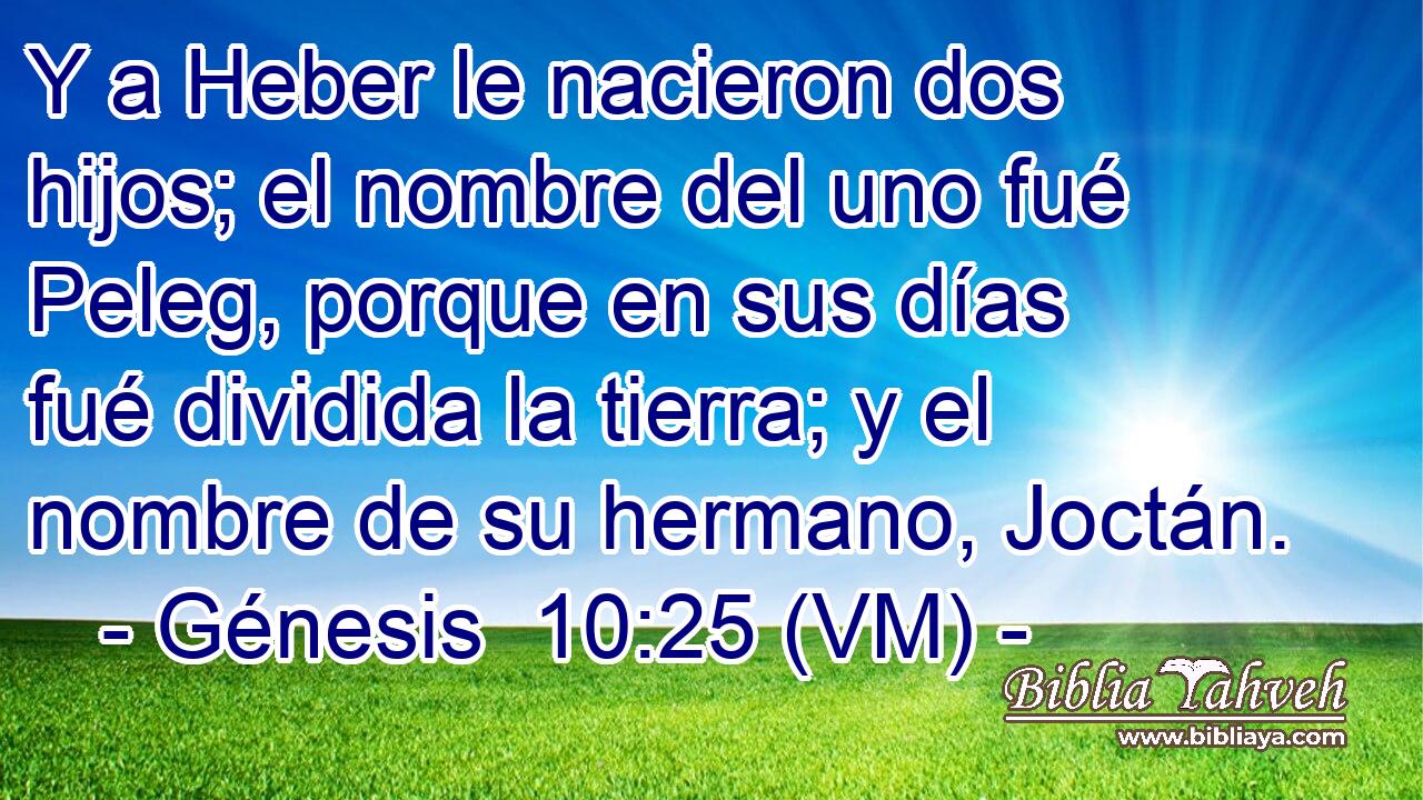  Y a Heber le nacieron dos hijos; el nombre del uno fué Peleg, porque en sus días fué dividida la tierra; y el nombre de su hermano, Joctán. 
