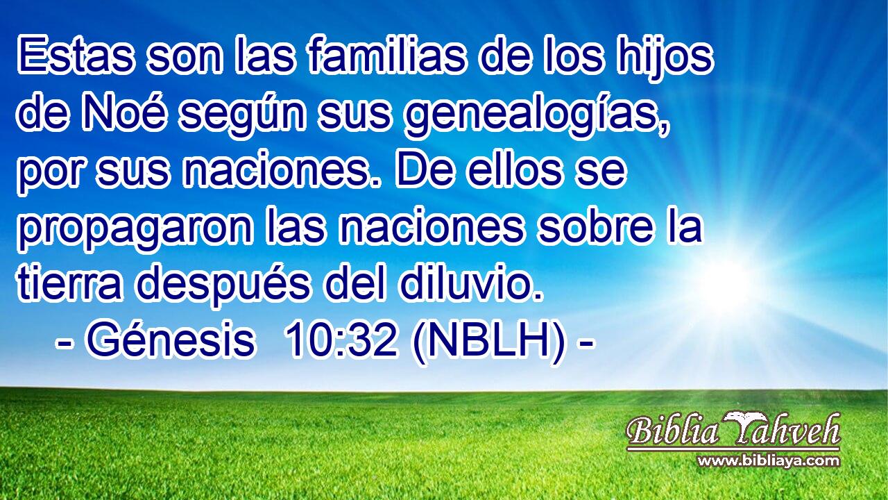  Estas son las familias de los hijos de Noé según sus genealogías, por sus naciones. De ellos se propagaron las naciones sobre la tierra después del diluvio. 