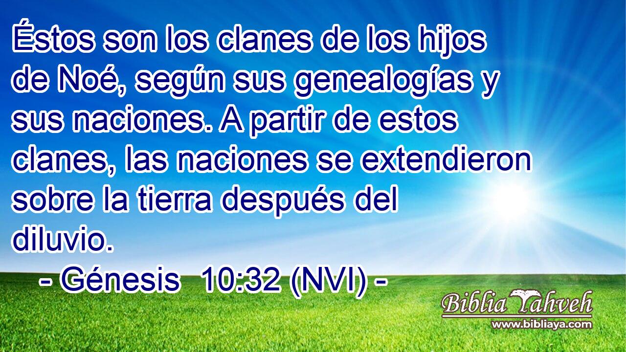  Éstos son los clanes de los hijos de Noé, según sus genealogías y sus naciones. A partir de estos clanes, las naciones se extendieron sobre la tierra después del diluvio. 