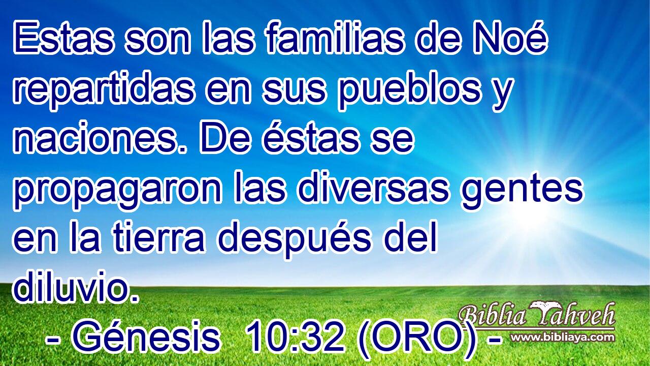  Estas son las familias de Noé repartidas en sus pueblos y naciones. De éstas se propagaron las diversas gentes en la tierra después del diluvio. 