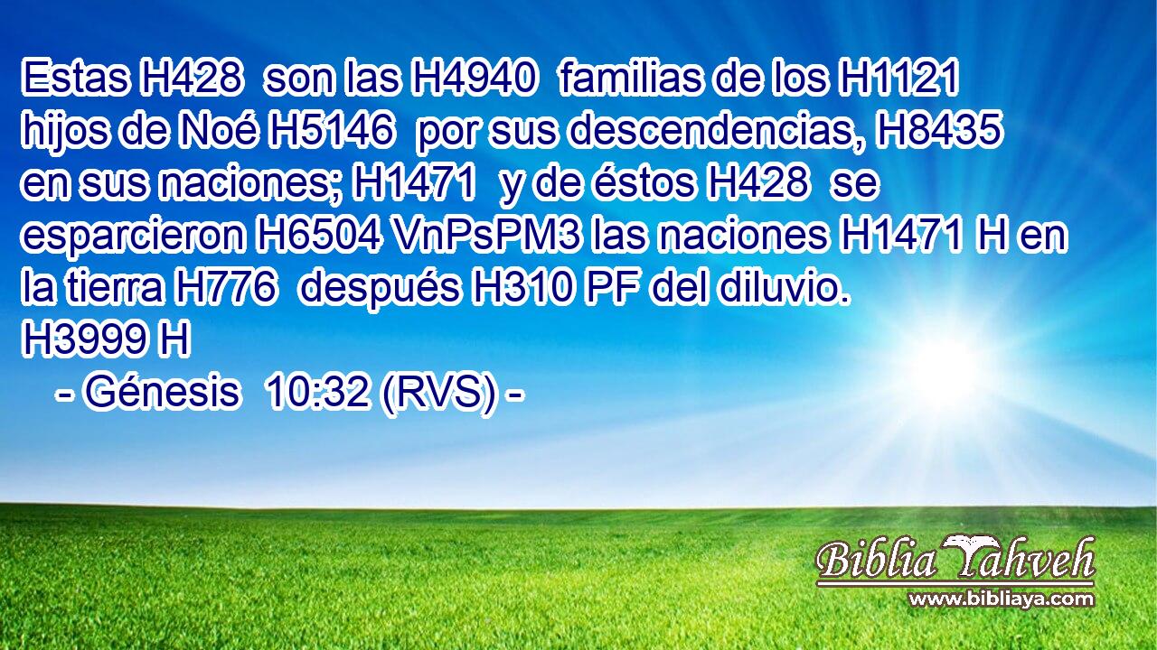 Estas H428  son las H4940  familias de los H1121  hijos de Noé H5146  por sus descendencias, H8435  en sus naciones; H1471  y de éstos H428  se esparcieron H6504 VnPsPM3 las naciones H1471 H en la tierra H776  después H310 PF del diluvio. H3999 H 