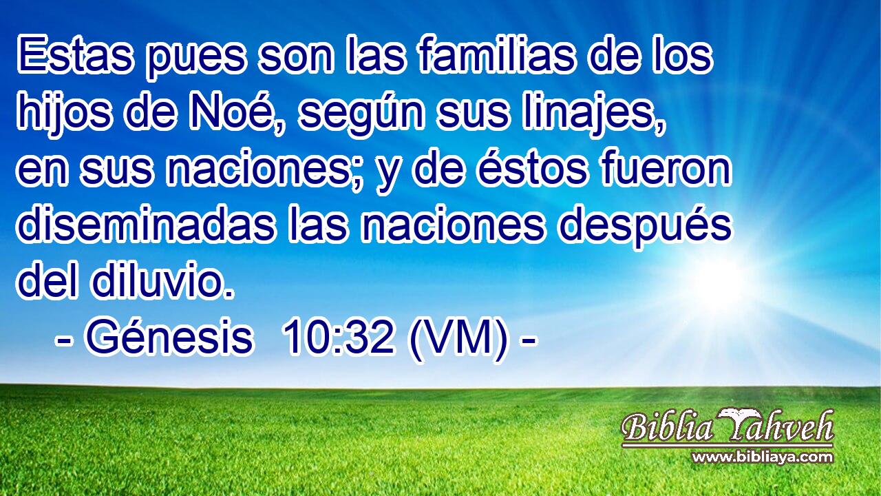  Estas pues son las familias de los hijos de Noé, según sus linajes, en sus naciones; y de éstos fueron diseminadas las naciones después del diluvio. 