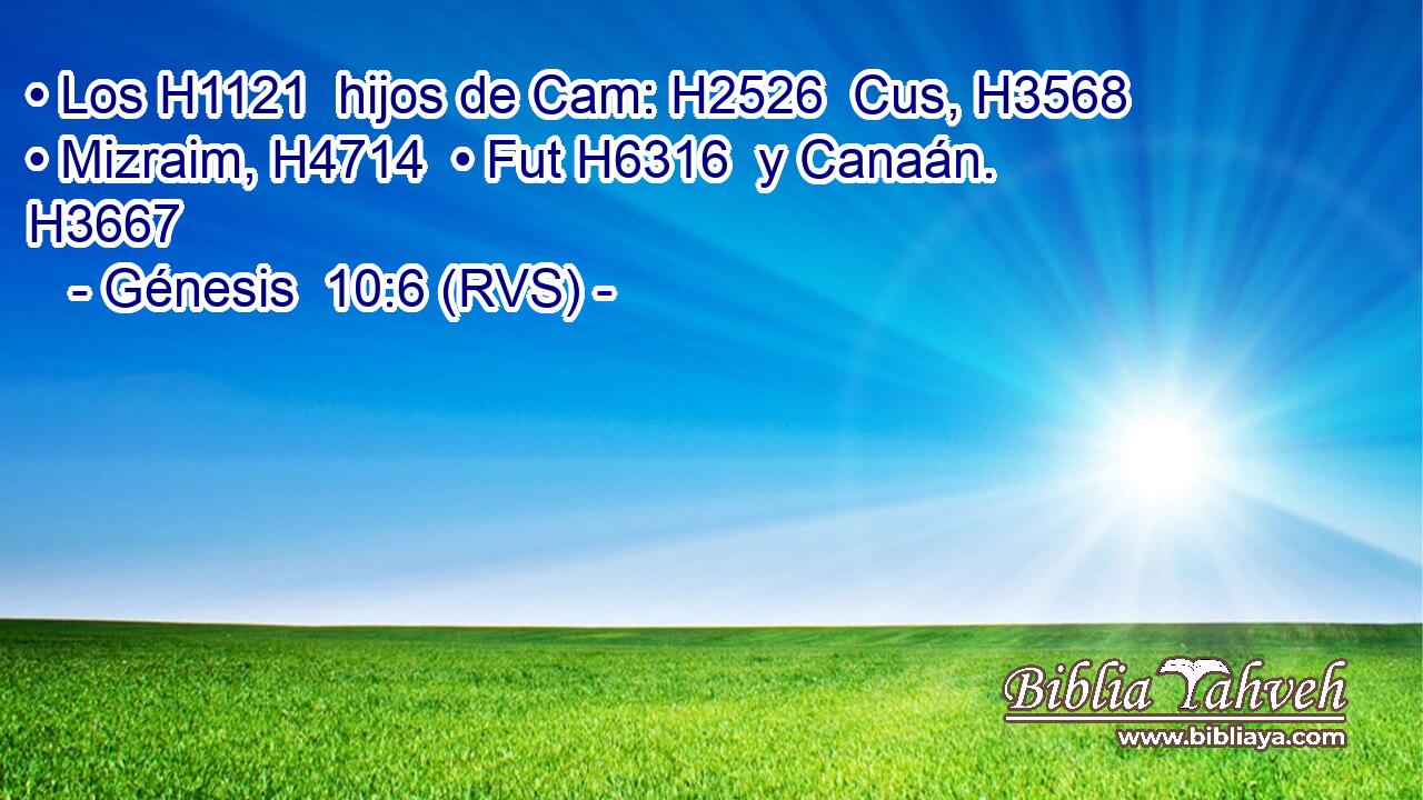 • Los H1121  hijos de Cam: H2526  Cus, H3568  • Mizraim, H4714  • Fut H6316  y Canaán. H3667  