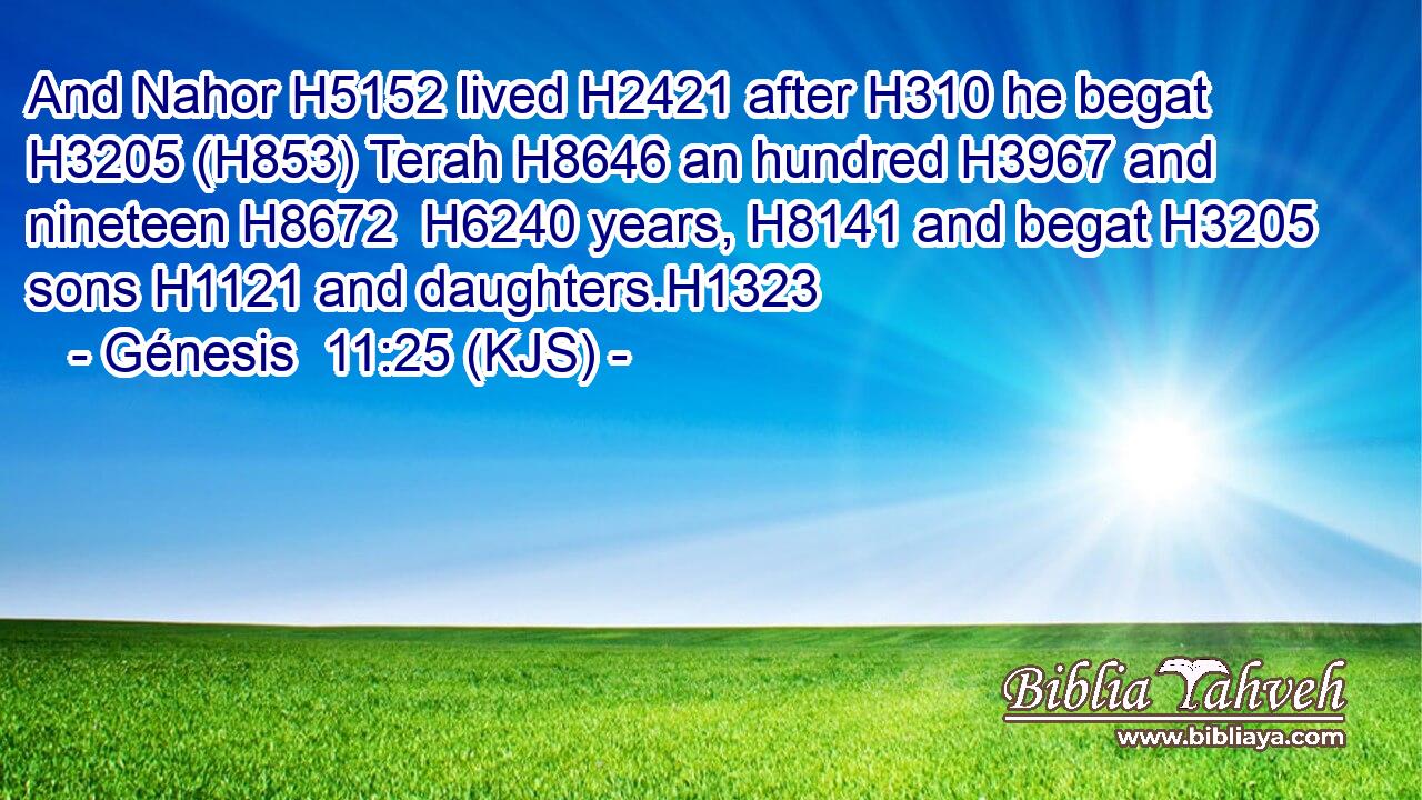 And Nahor H5152 lived H2421 after H310 he begat H3205 (H853) Terah H8646 an hundred H3967 and nineteen H8672  H6240 years, H8141 and begat H3205 sons H1121 and daughters.H1323