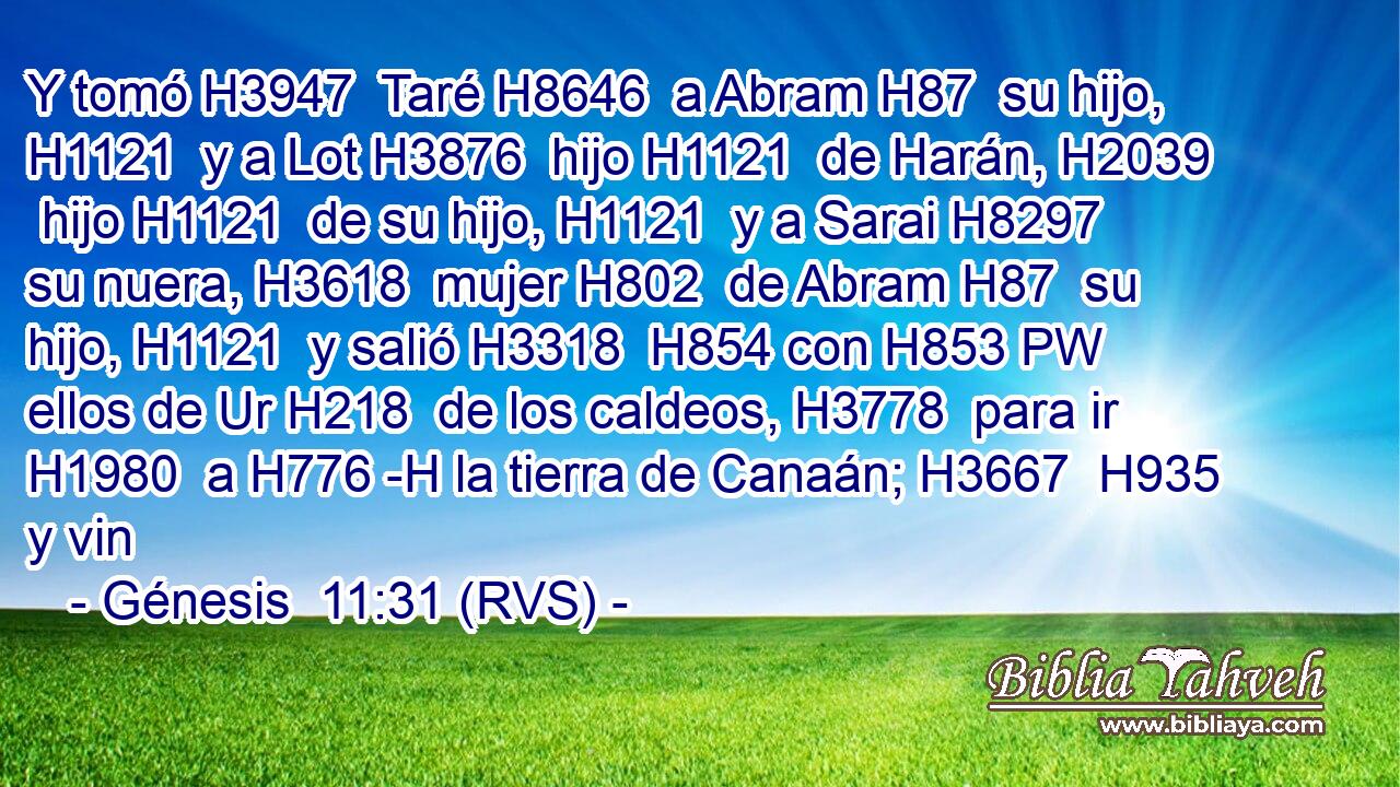 Y tomó H3947  Taré H8646  a Abram H87  su hijo, H1121  y a Lot H3876  hijo H1121  de Harán, H2039  hijo H1121  de su hijo, H1121  y a Sarai H8297  su nuera, H3618  mujer H802  de Abram H87  su hijo, H1121  y salió H3318  H854 con H853 PW ellos de Ur H218  de los caldeos, H3778  para ir H1980  a H776 -H la tierra de Canaán; H3667  H935 y vin