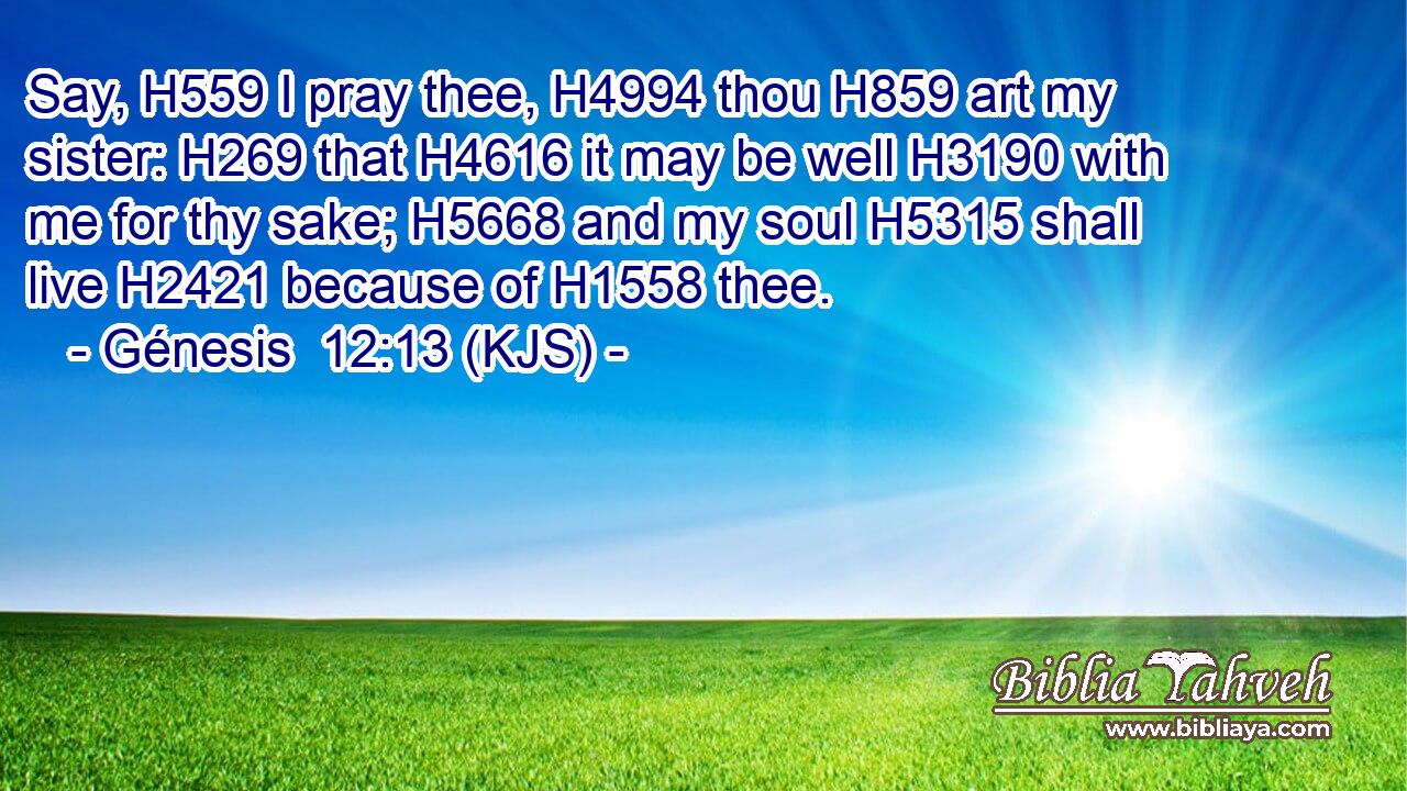Say, H559 I pray thee, H4994 thou H859 art my sister: H269 that H4616 it may be well H3190 with me for thy sake; H5668 and my soul H5315 shall live H2421 because of H1558 thee.