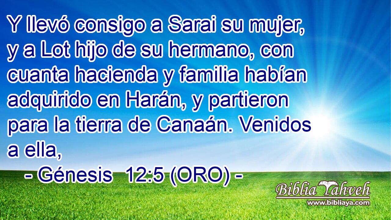  Y llevó consigo a Sarai su mujer, y a Lot hijo de su hermano, con cuanta hacienda y familia habían adquirido en Harán, y partieron para la tierra de Canaán. Venidos a ella, 