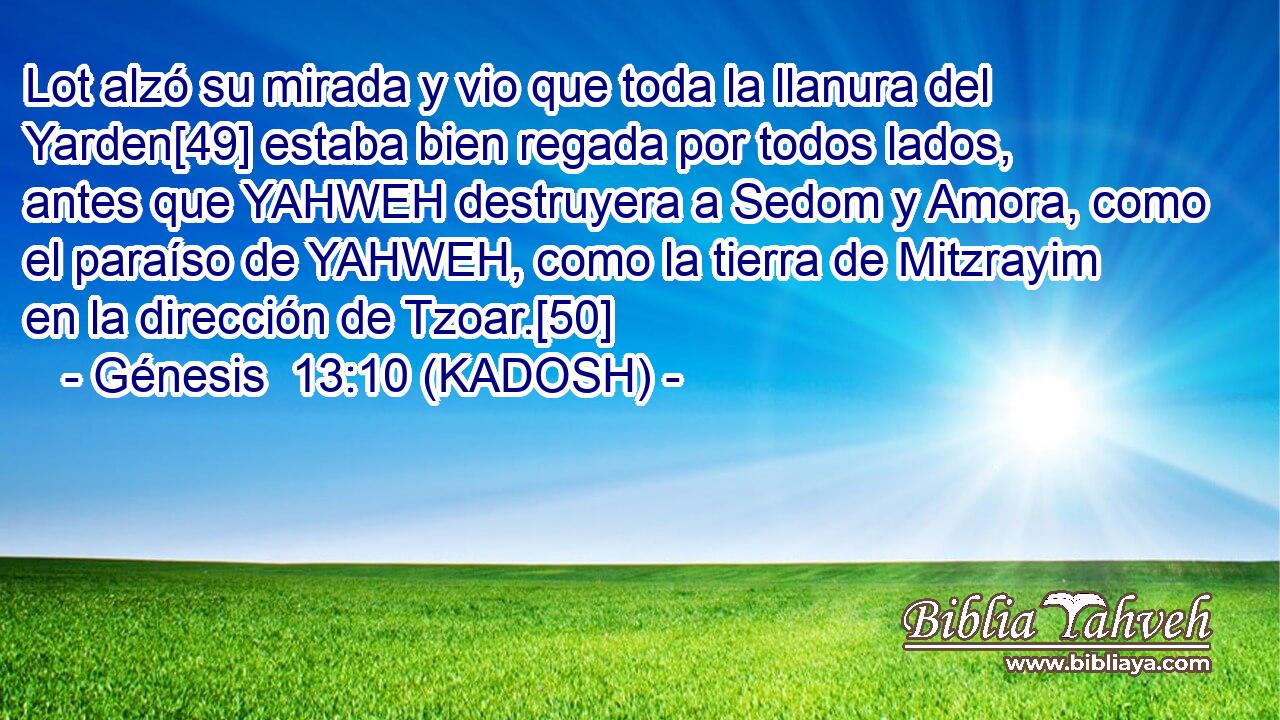  Lot alzó su mirada y vio que toda la llanura del Yarden[49] estaba bien regada por todos lados, antes que YAHWEH destruyera a Sedom y Amora, como el paraíso de YAHWEH, como la tierra de Mitzrayim en la dirección de Tzoar.[50] 