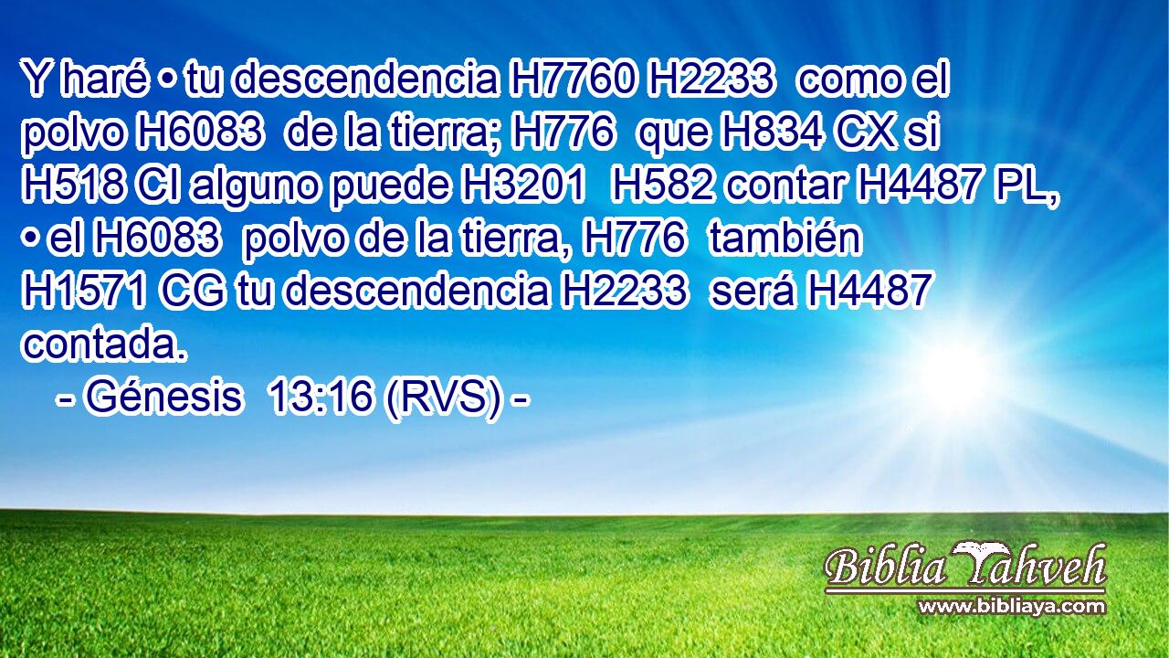 Y haré • tu descendencia H7760 H2233  como el polvo H6083  de la tierra; H776  que H834 CX si H518 CI alguno puede H3201  H582 contar H4487 PL,  • el H6083  polvo de la tierra, H776  también H1571 CG tu descendencia H2233  será H4487  contada. 