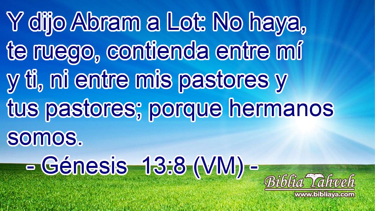  Y dijo Abram a Lot: No haya, te ruego, contienda entre mí y ti, ni entre mis pastores y tus pastores; porque hermanos somos. 
