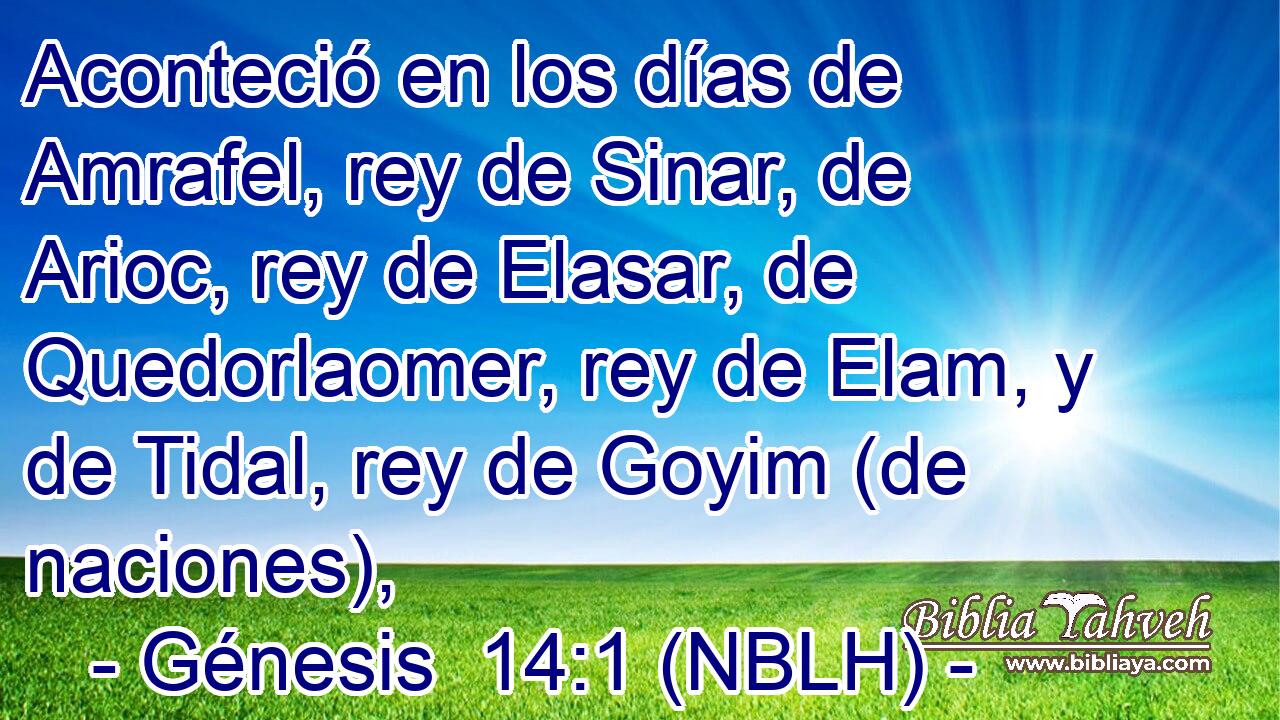  Aconteció en los días de Amrafel, rey de Sinar, de Arioc, rey de Elasar, de Quedorlaomer, rey de Elam, y de Tidal, rey de Goyim (de naciones), 