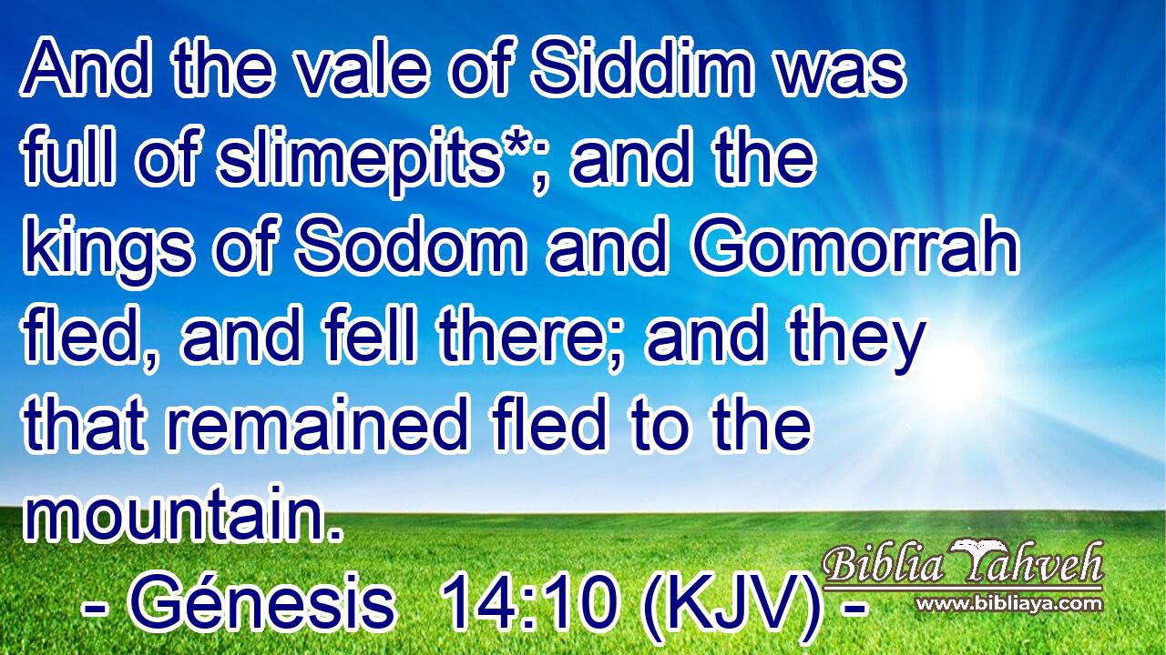 And the vale of Siddim was full of slimepits*; and the kings of Sodom and Gomorrah fled, and fell there; and they that remained fled to the mountain.