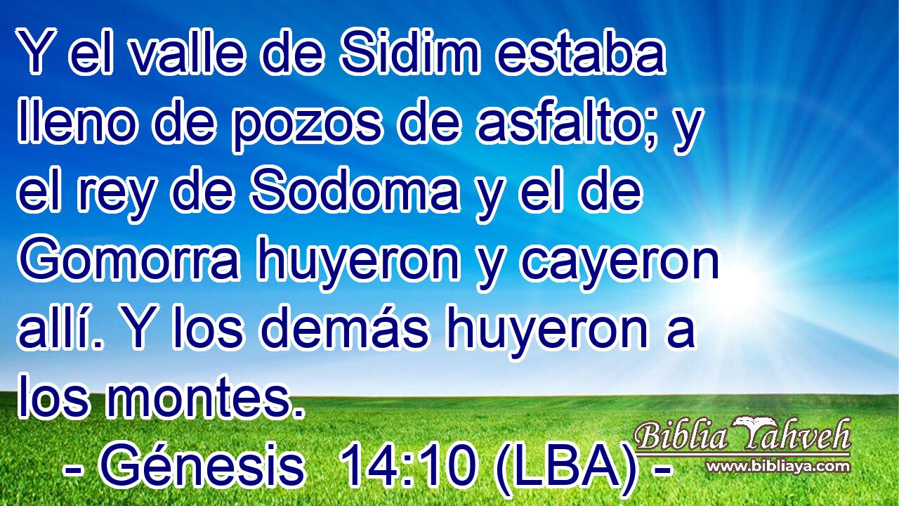 Y el valle de Sidim estaba lleno de pozos de asfalto; y el rey de Sodoma y el de Gomorra huyeron y cayeron allí. Y los demás huyeron a los montes.