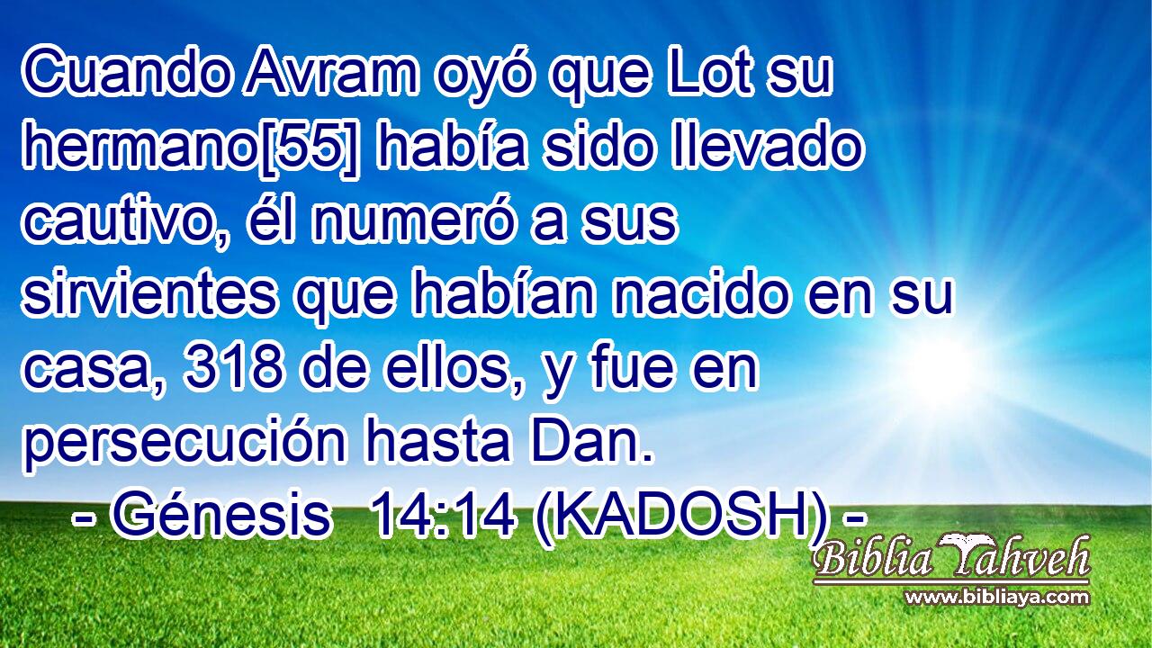  Cuando Avram oyó que Lot su hermano[55] había sido llevado cautivo, él numeró a sus sirvientes que habían nacido en su casa, 318 de ellos, y fue en persecución hasta Dan. 
