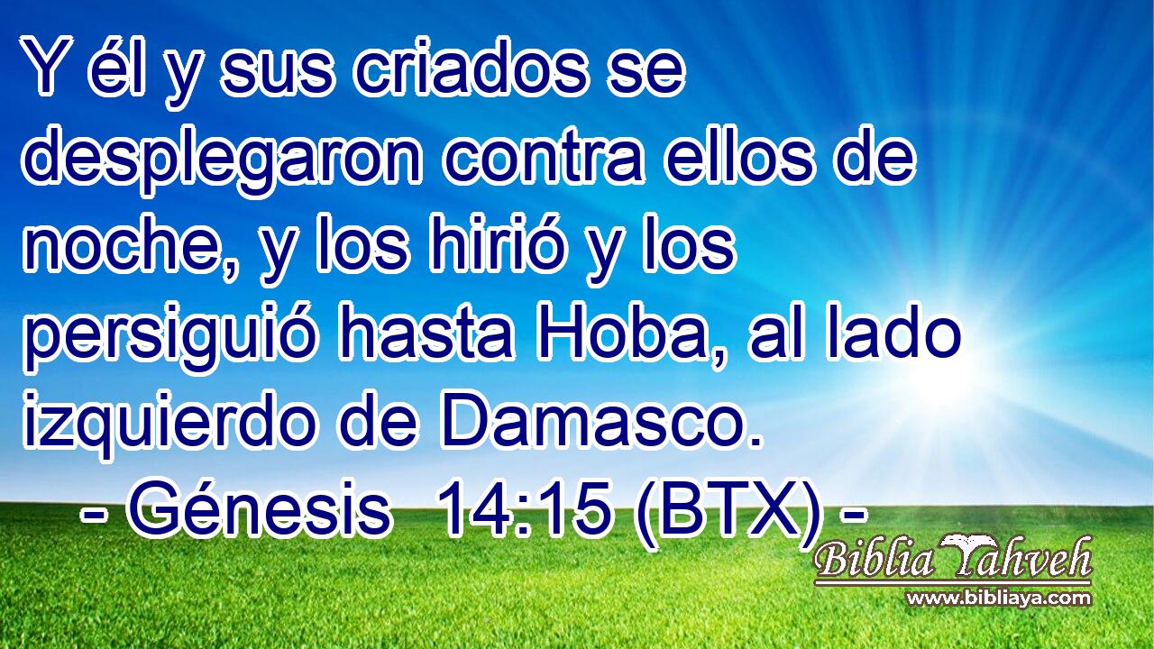 Y él y sus criados se desplegaron contra ellos de noche, y los hirió y los persiguió hasta Hoba, al lado izquierdo de Damasco.