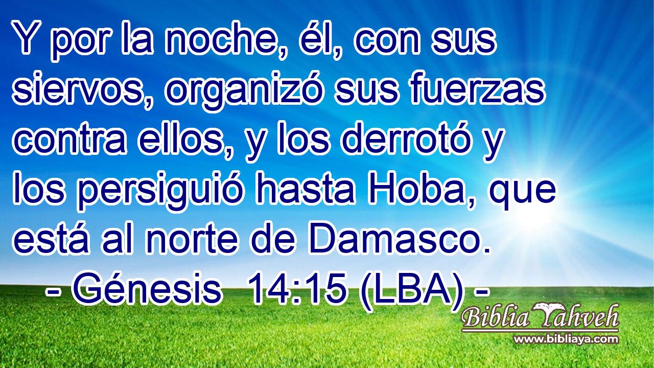 Y por la noche, él, con sus siervos, organizó sus fuerzas contra ellos, y los derrotó y los persiguió hasta Hoba, que está al norte de Damasco.