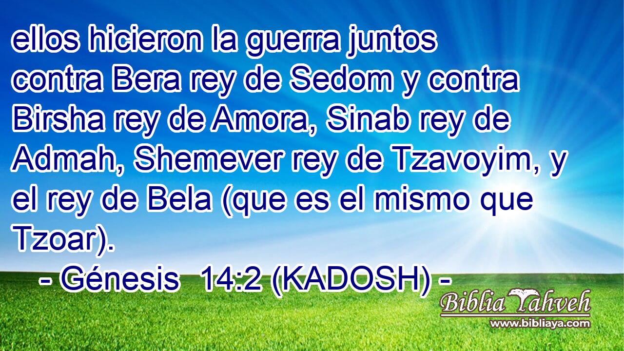  ellos hicieron la guerra juntos contra Bera rey de Sedom y contra Birsha rey de Amora, Sinab rey de Admah, Shemever rey de Tzavoyim, y el rey de Bela (que es el mismo que Tzoar). 