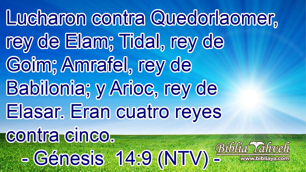 Lucharon contra Quedorlaomer, rey de Elam; Tidal, rey de Goim; Amrafel, rey de Babilonia; y Arioc, rey de Elasar. Eran cuatro reyes contra cinco.